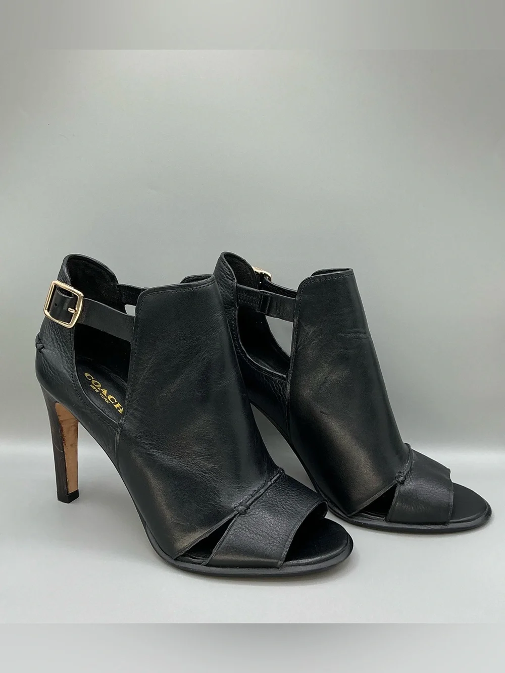 Coach Idena Black Leather Open Toe Booties High Heel Women’s Size 7